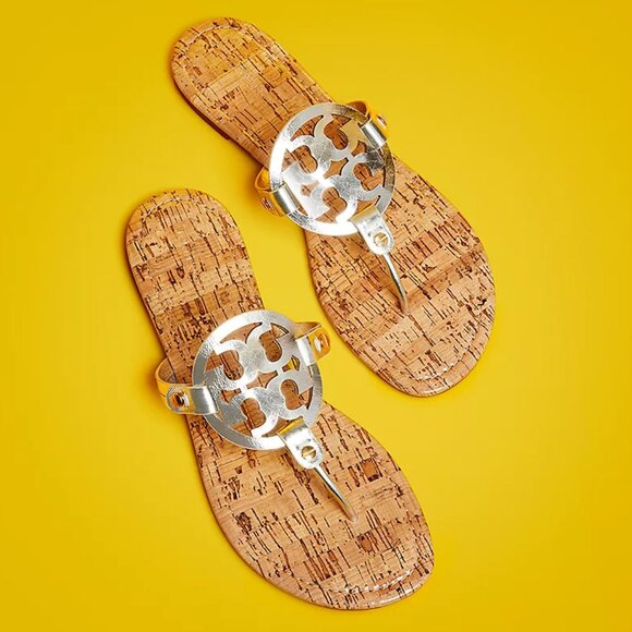 Tory Burch $228 Miller Sandals Patent Leather Silver Gold Rivets Cork 6 9.5 10 - Picture 7 of 10